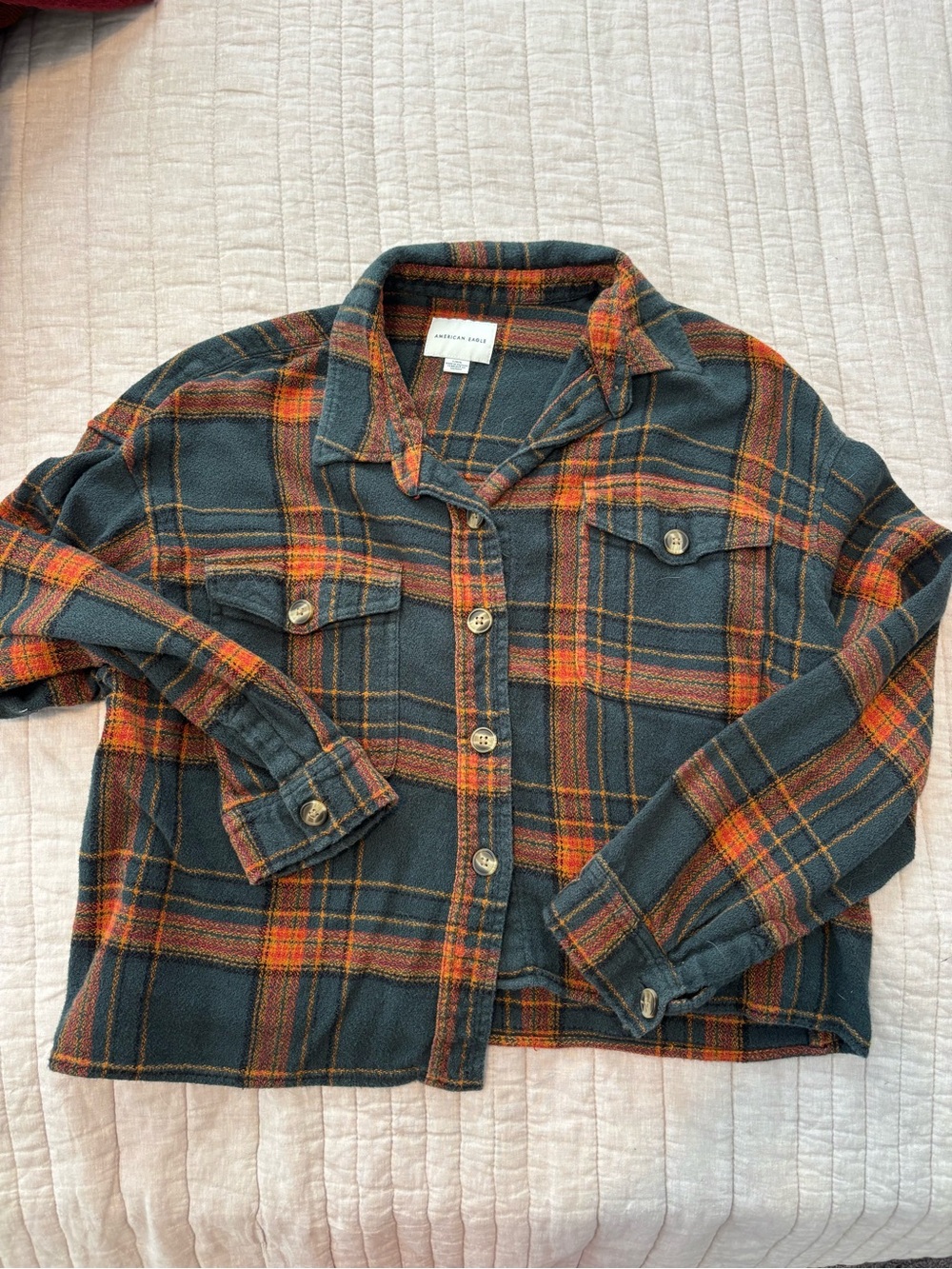 American Eagle Gray Plaid Shirt Jacket with Orange and Pink Accents
